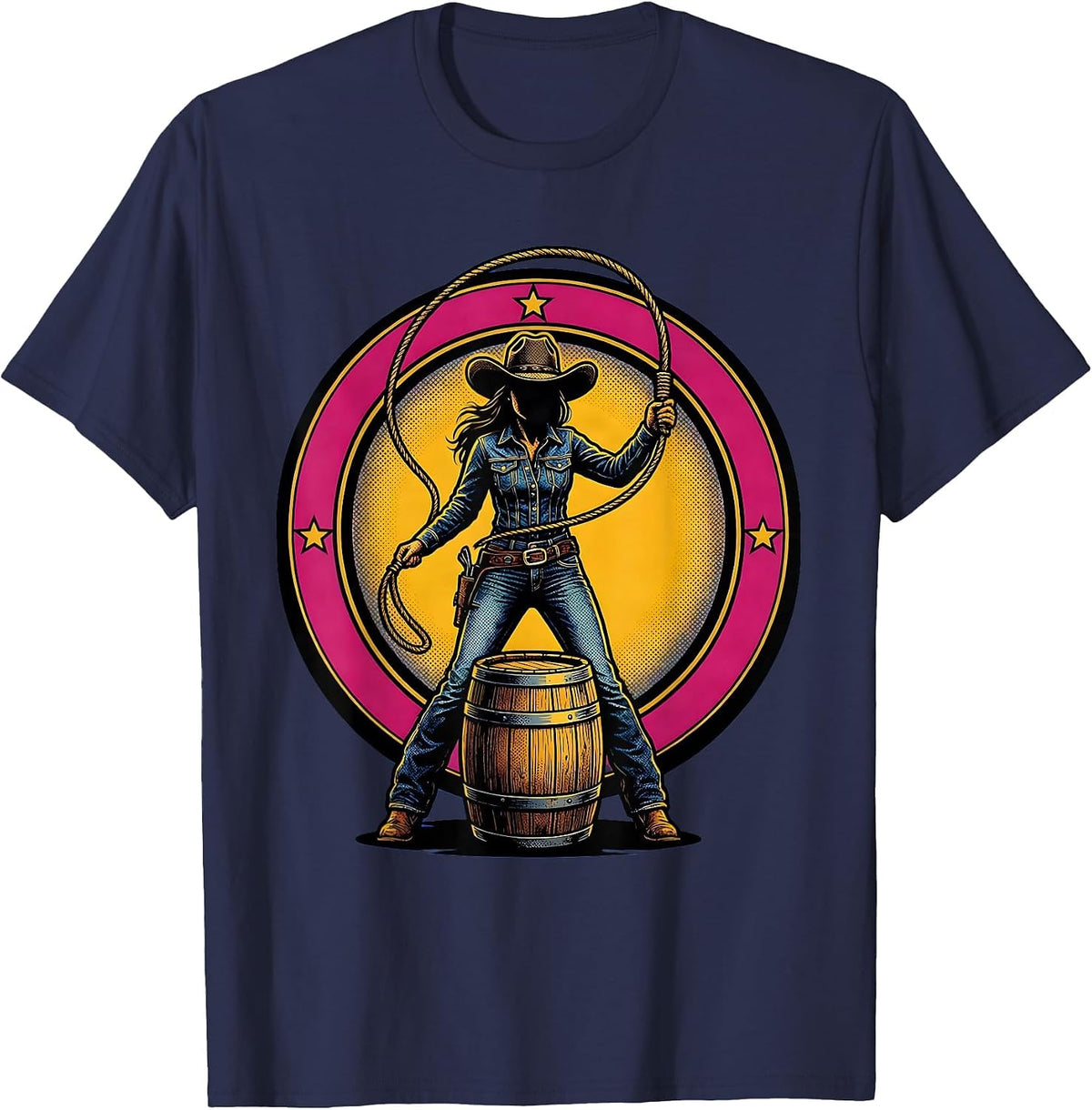 Cowgirl Lasso Beer Barrel Western Graphic T-Shirt - Navy Blue