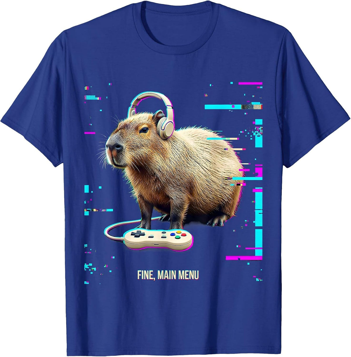 Men's Fine, Main Menu Glitch Datamosh Capybara Gamer Bruh Meme T-Shirt - Royal Blue