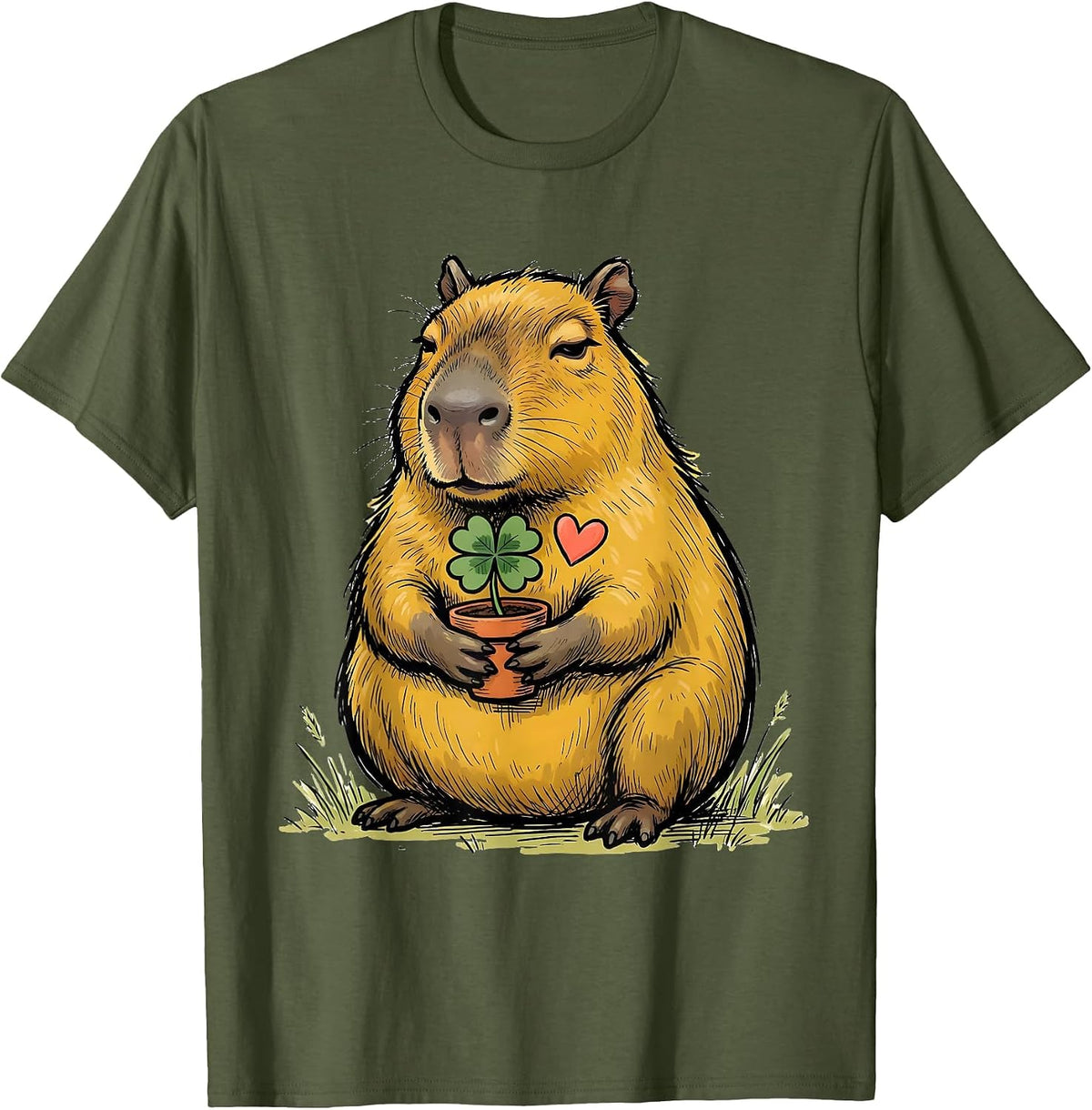 Men's Capybara Meme Kawaii Gamer Humor Cute T-Shirt - Olive Green