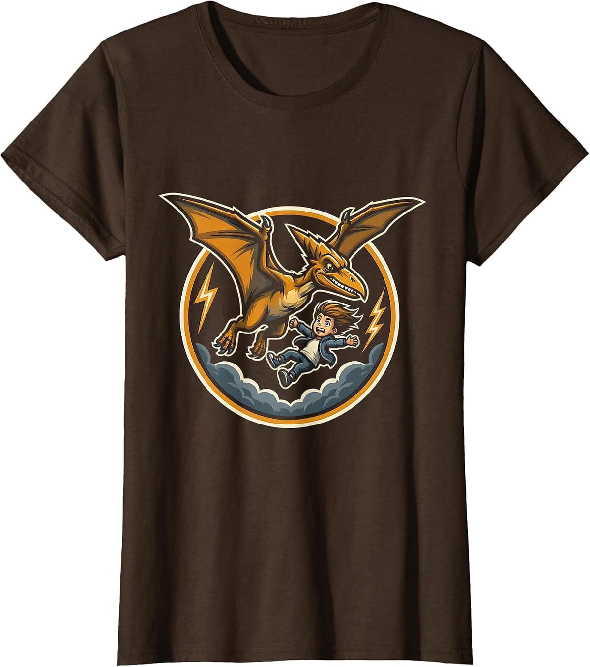 Women's Pterodactyl Adventure Boy Stormy Sky Dinosaur T-Shirt - Brown