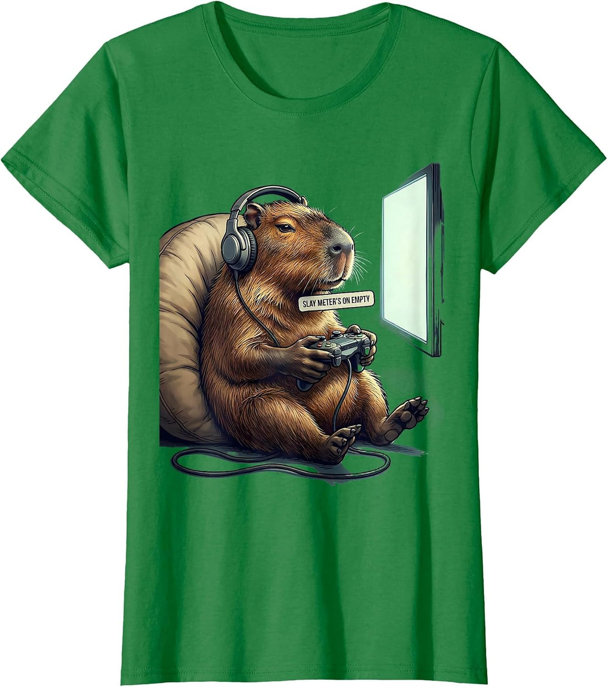 Women's Slay Meter's On Empty Funny Capybara Gamer Meme Humor T-Shirt - Kelly Green