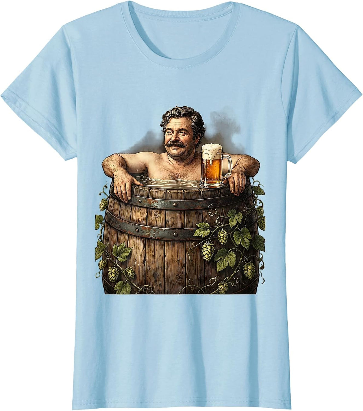Mustachioed Relaxing in Beer Barrel Illustration T-Shirt - Baby Blue