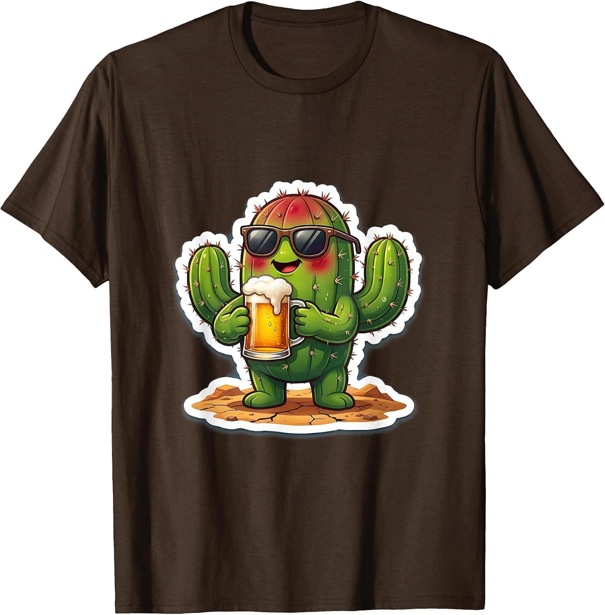 Men's Sunburned Cactus Frosty Beer Desert Graphic T-Shirt - Brown