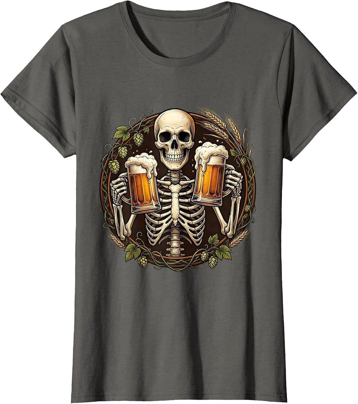 Women's Skeleton Cheers Beer Drinking Skull Graphic T-Shirt - Asphalt Grey