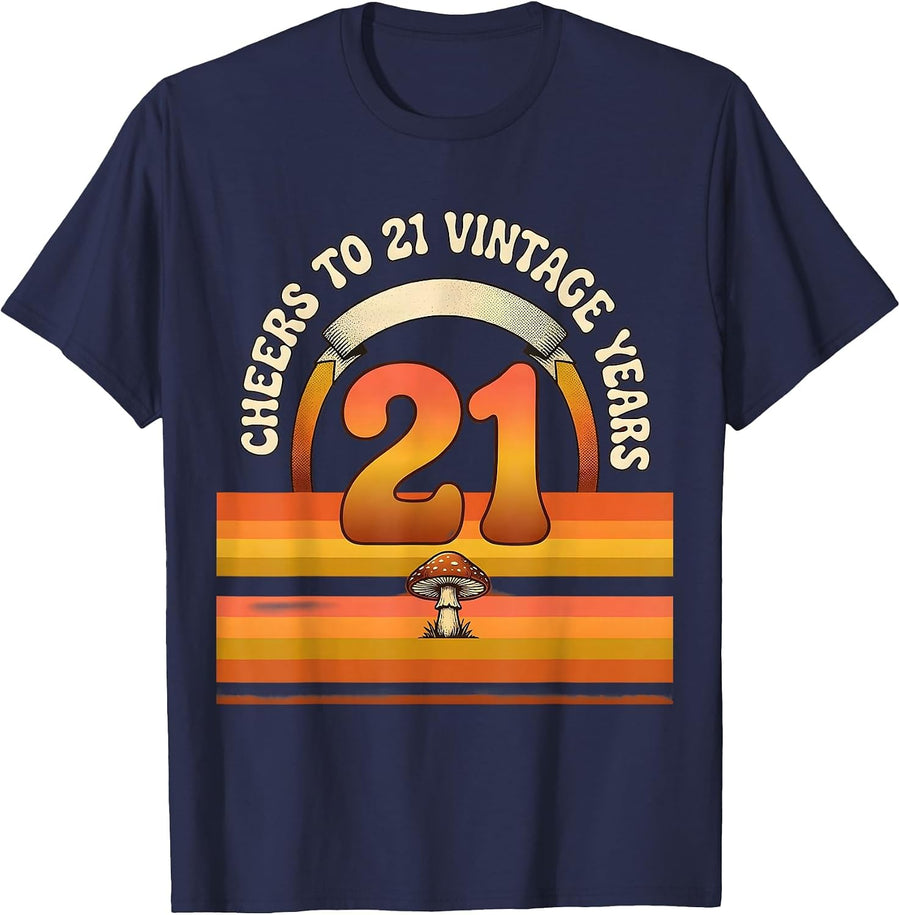Cheers To 21 Vintage Years Retro Birthday Gift T-Shirt - Navy Blue
