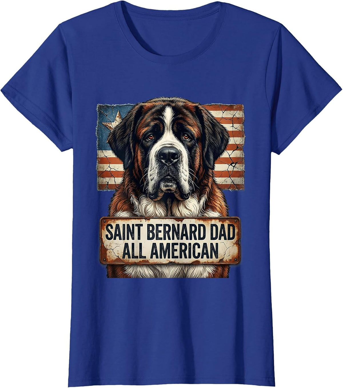 Women's Saint Bernard Dad, All American Distressed Patriotic Dog T-Shirt - Royal Blue