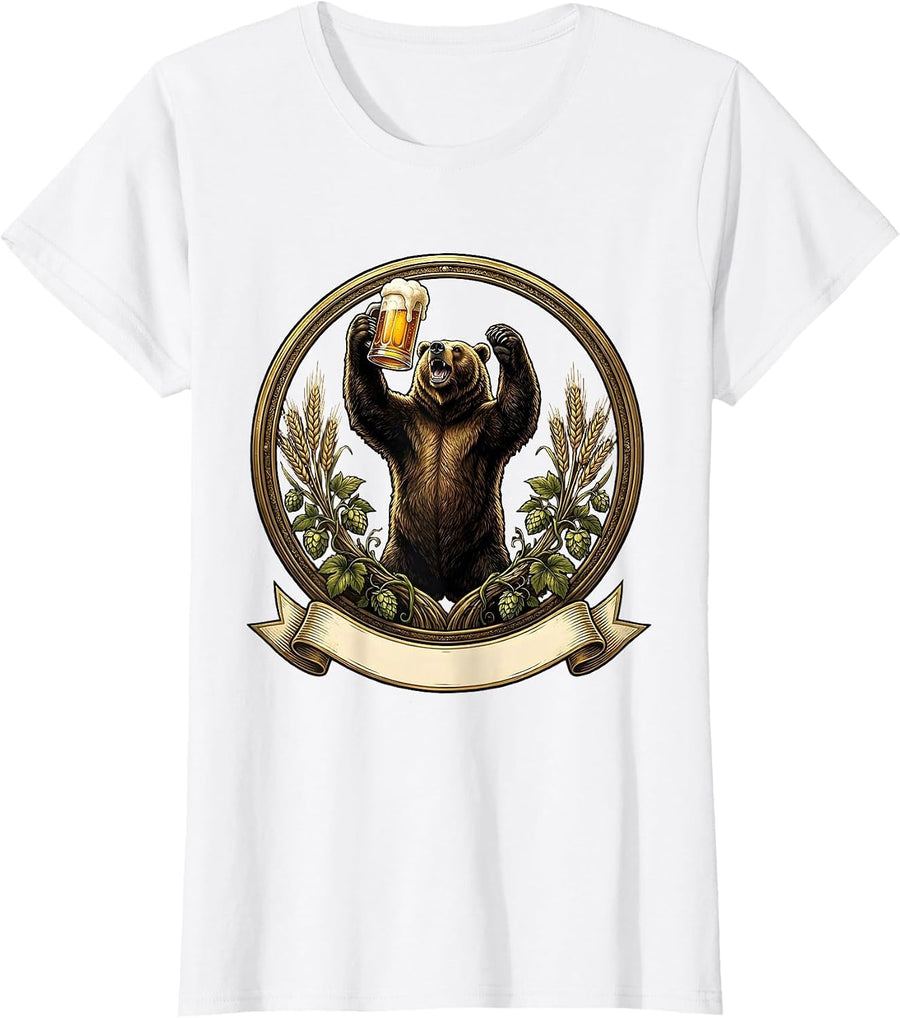 Women's Oktoberfest Bear Raising a Foamy Beer Stein T-Shirt - White