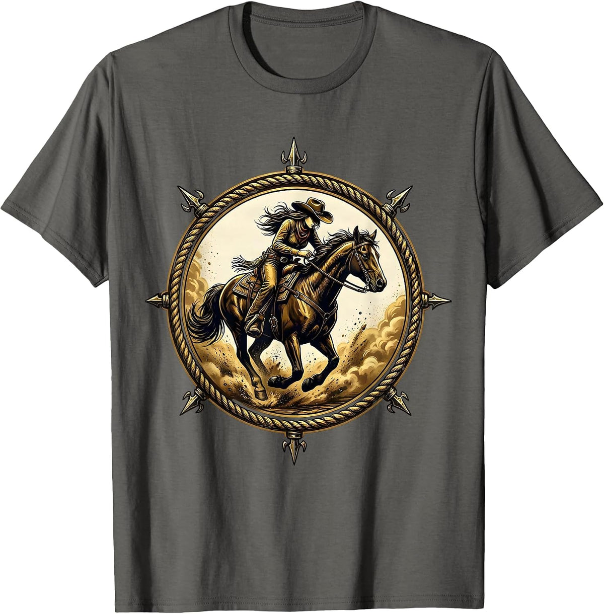 Barrel Racing Rodeo Cowgirl Dust Cloud Design T-Shirt - Asphalt Grey