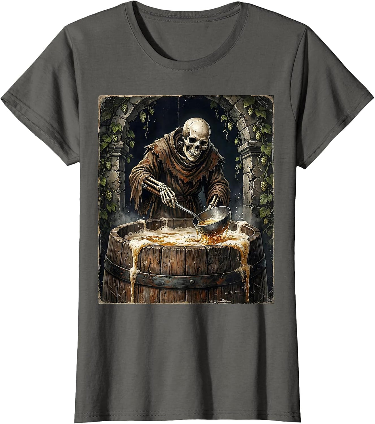 Women's Skeleton Monk Brewing Beer in Cellar T-Shirt - Asphalt Grey