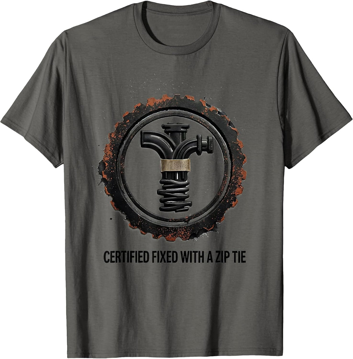 Certified Fixed With A Zip Tie Funny Mechanic Garage Car Guy T-Shirt - Asphalt Grey