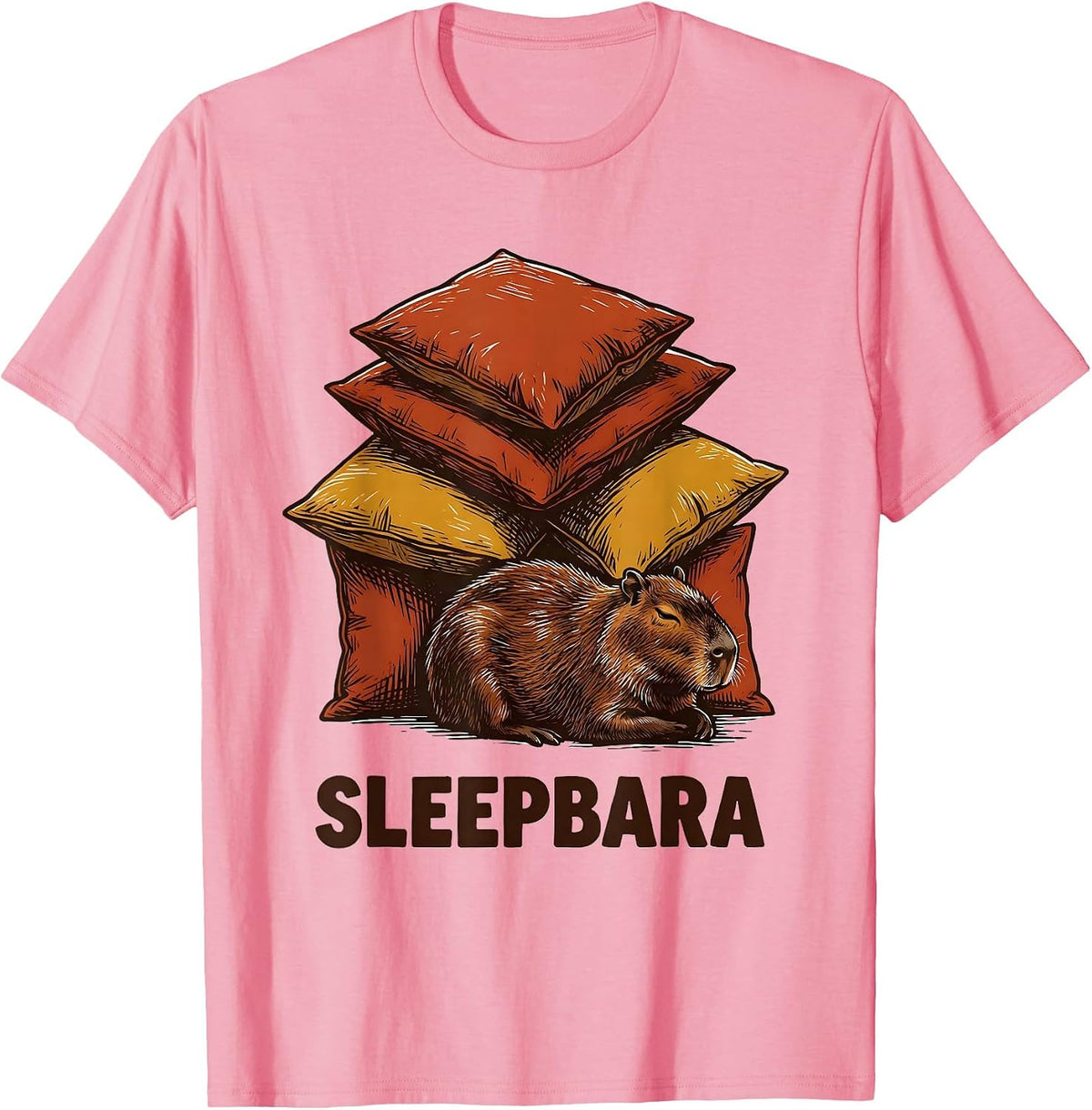 Men's Sleepbara Cute Capybara Sleep Lover Linocut Novelty T-Shirt - Pink