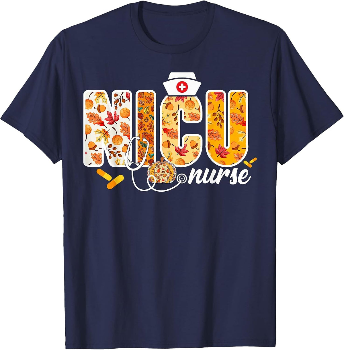 NICU Nurse Fall Autumn Leaves Thanksgiving Healthcare Worker T-Shirt - Navy Blue