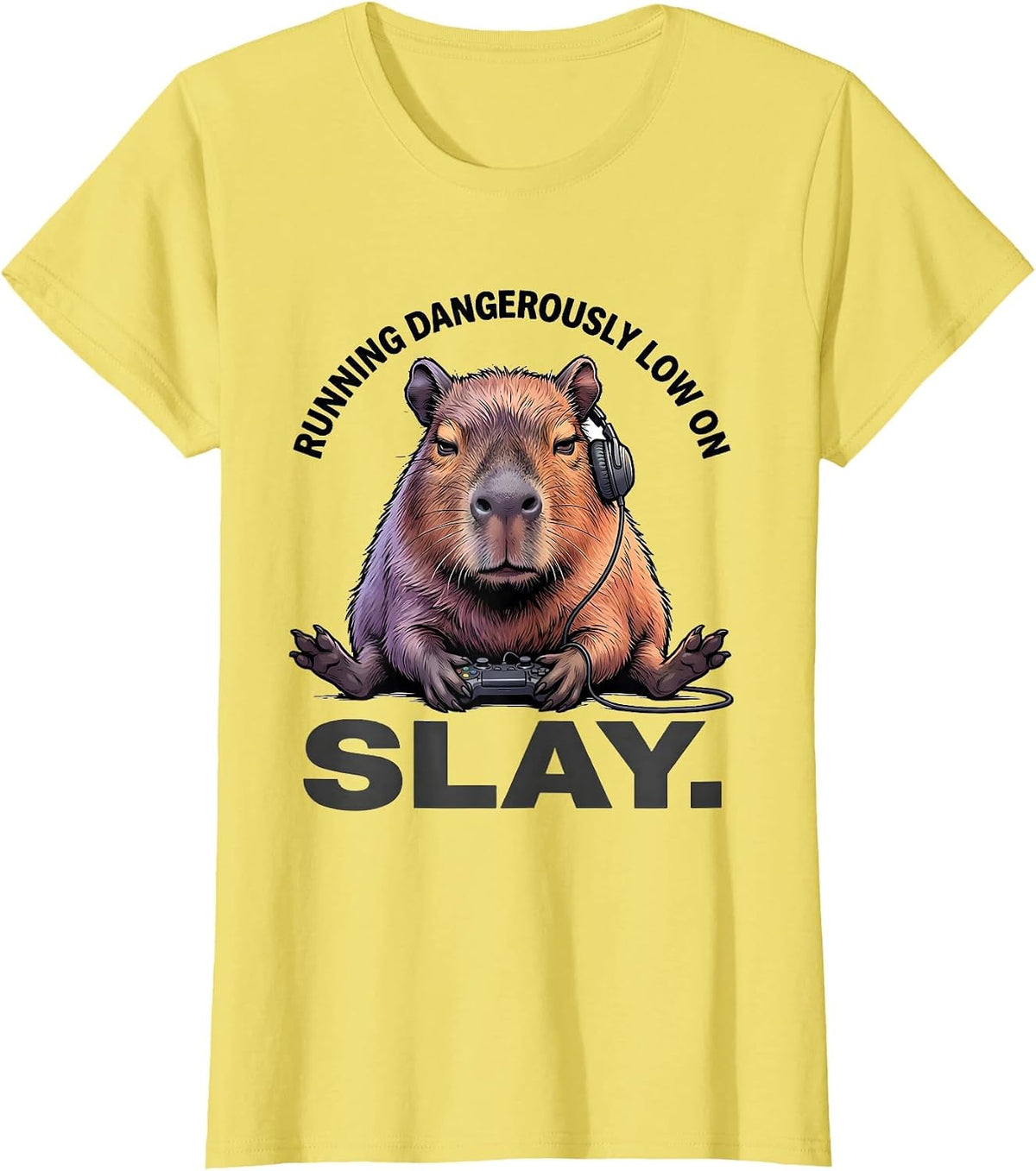 running dangerously low on slay Funny Capybara Gamer Meme T-Shirt - Lemon Yellow