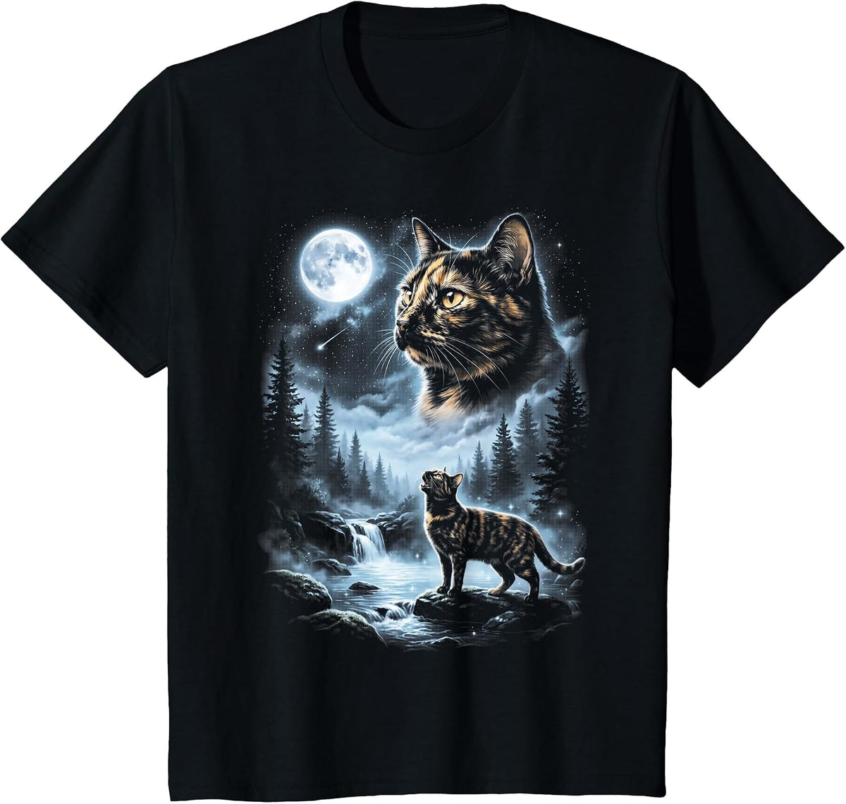 Tortoiseshell Cat Howling at Moon 90's Retro T-Shirt - Black