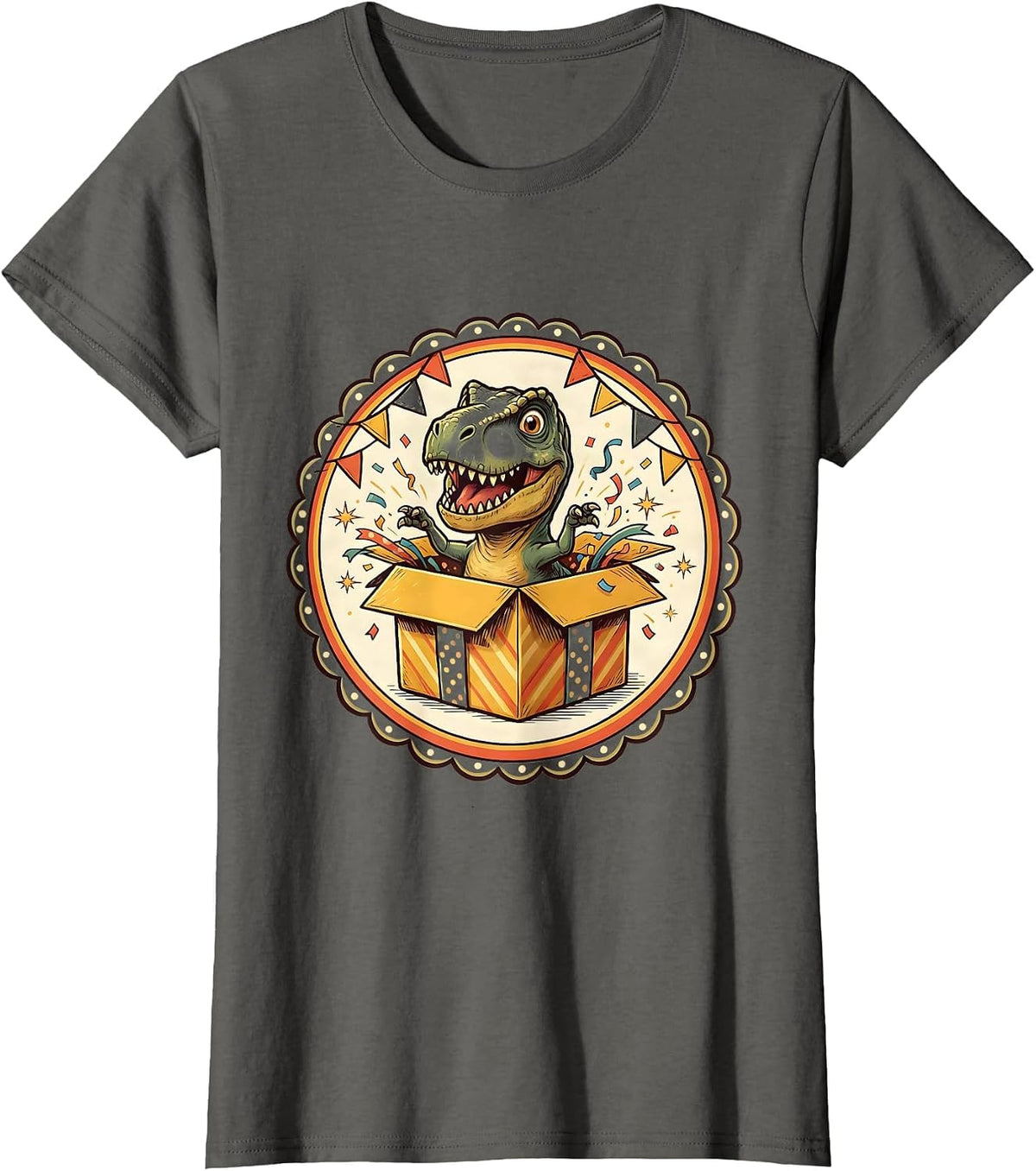 Women's Dinosaur Peeking Out of Gift Box Birthday Design T-Shirt - Asphalt Grey