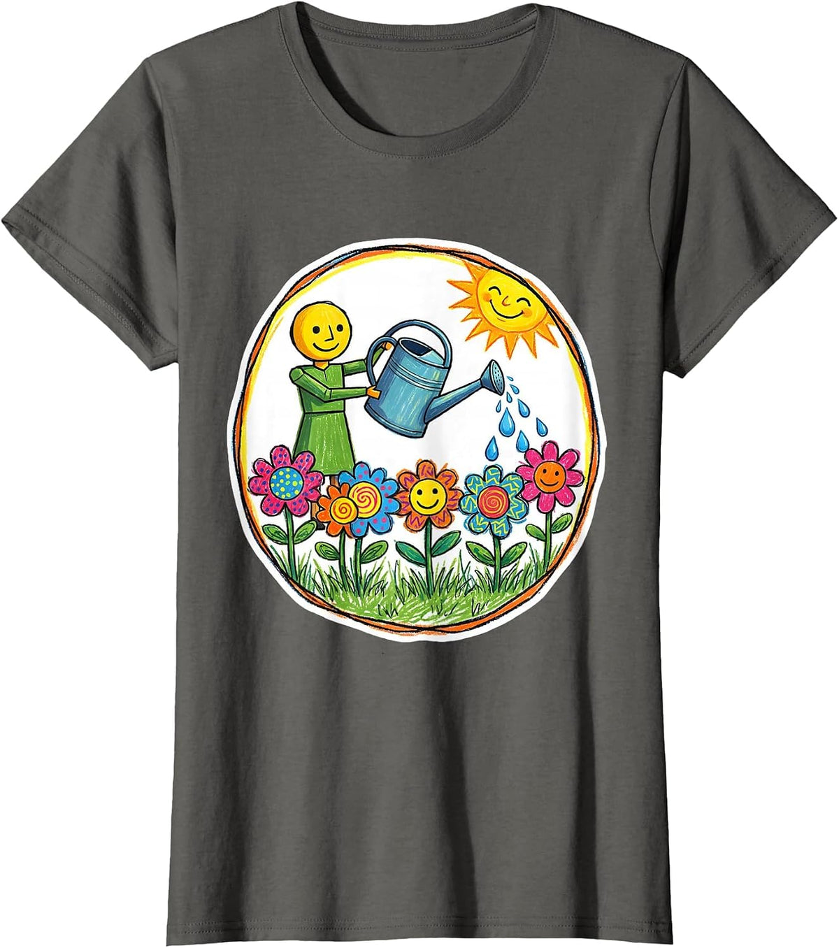 Women's Preschool Teacher Watering Children Flowers Art T-Shirt - Asphalt Grey