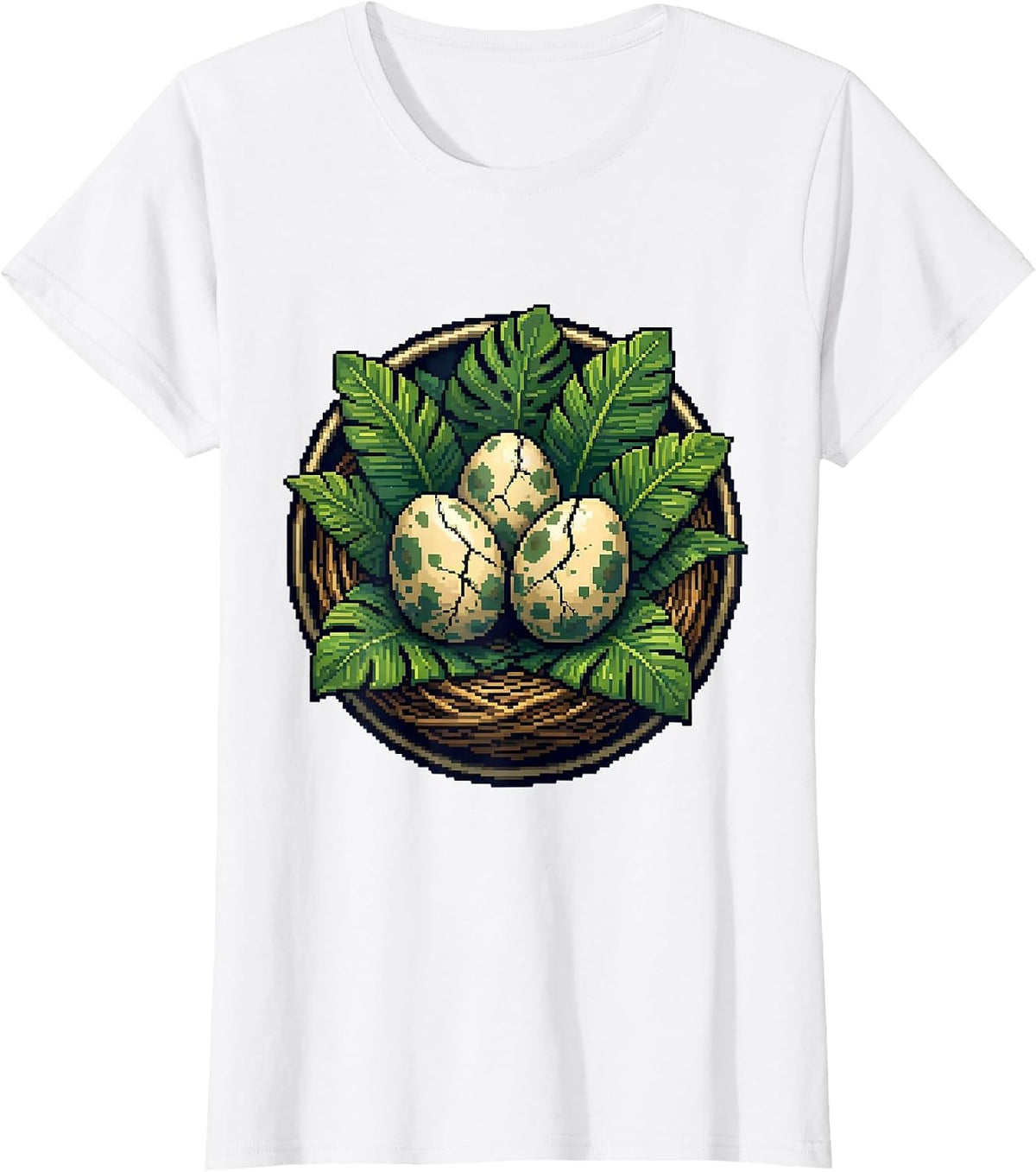 Dinosaur Eggs in Leafy Nest Close-Up Illustration T-Shirt - White