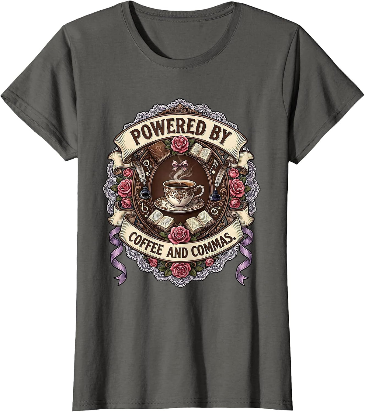 Women's Powered by Coffee and Commas English Teacher T-Shirt - Asphalt Grey
