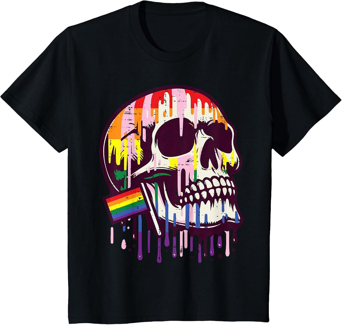 Gay Pride Month Skull Skeleton LGBTQ Ally Rainbow Men Women T-Shirt - Black