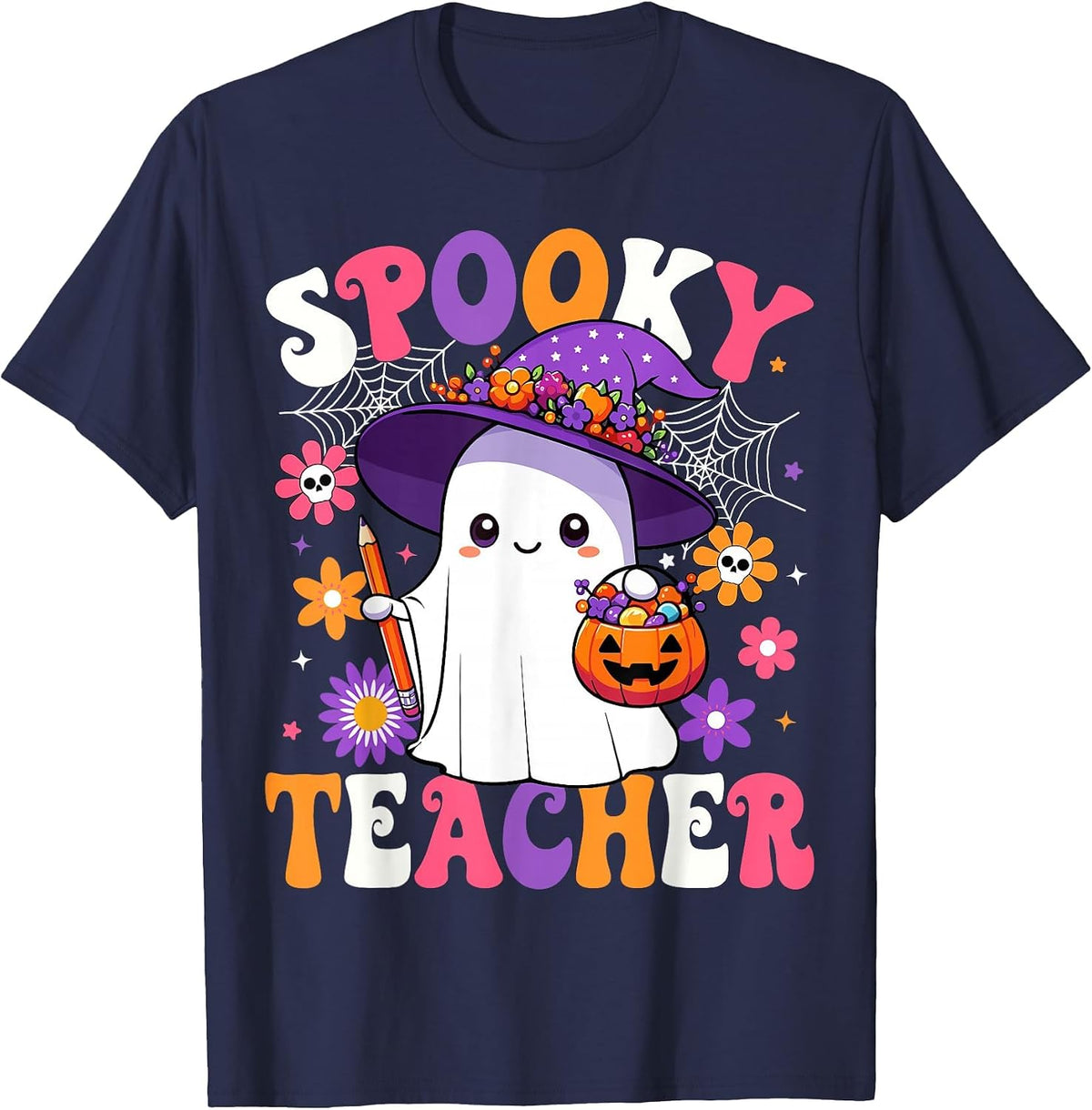Spooky Teacher Halloween Cute Halloween Teacher Ghost T-Shirt - Navy Blue