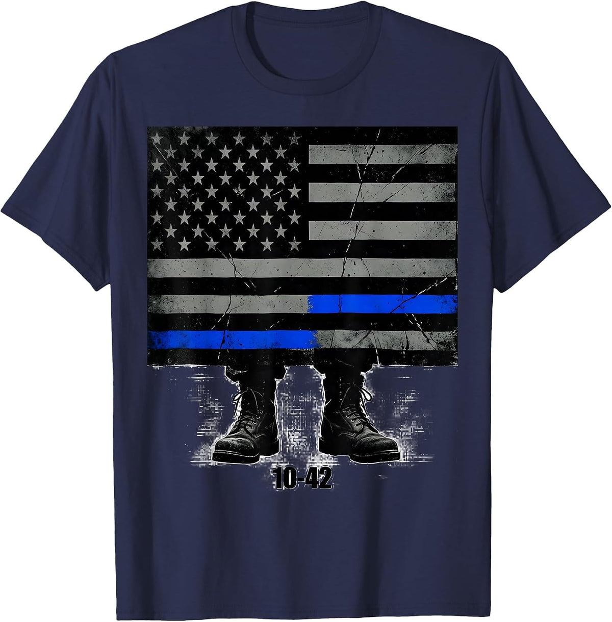 10-42 Vintage Thin Blue Line Police Support Duty Boots T-Shirt - Navy Blue
