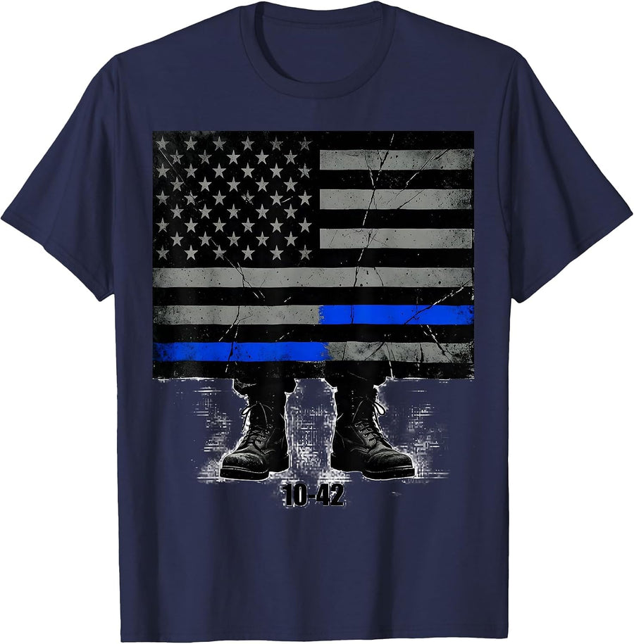 10-42 Vintage Thin Blue Line Police Support Duty Boots T-Shirt - Navy Blue