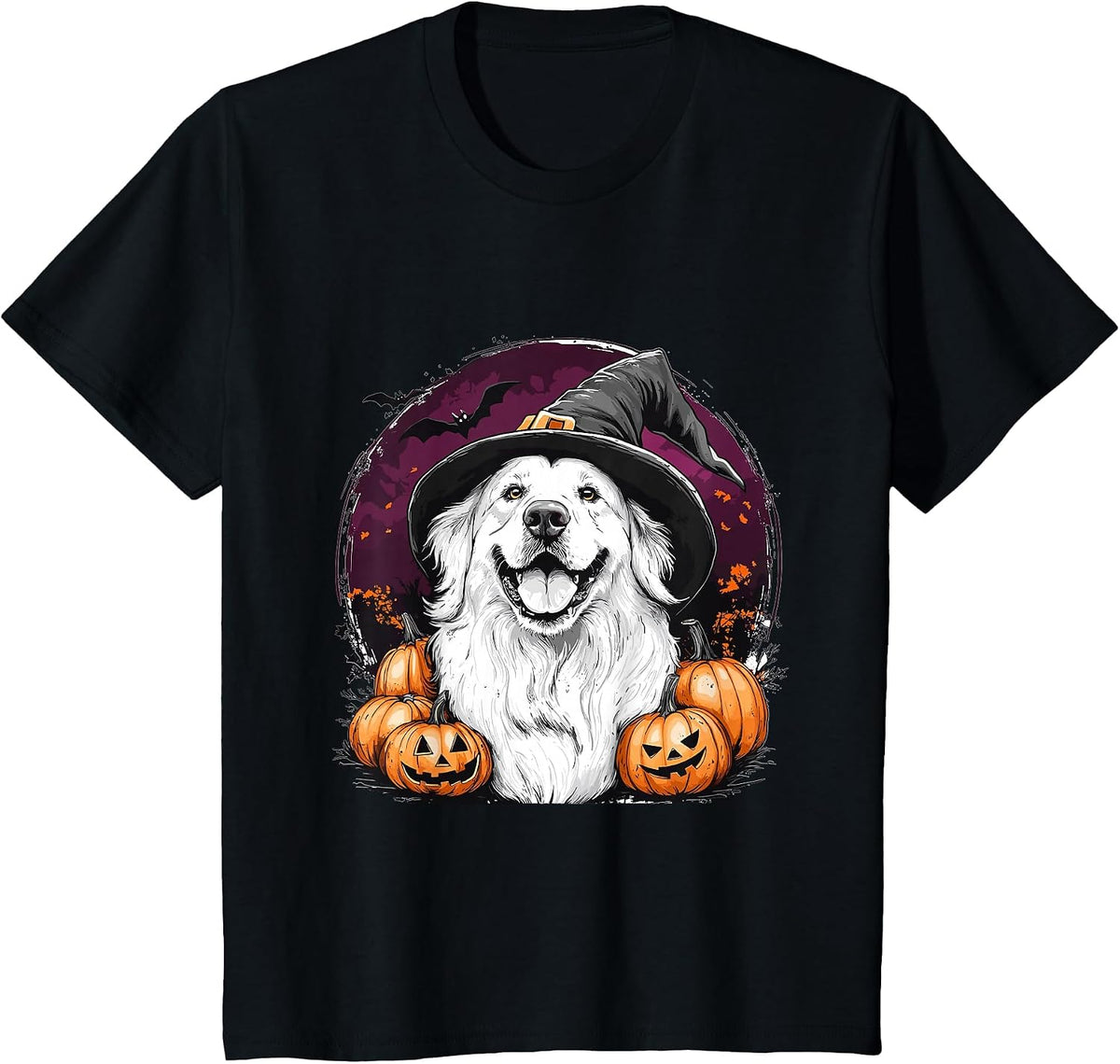 Great Pyrenees Dog Whitch Hat Halloween Pumpkin Spooky Happy T-Shirt - Black