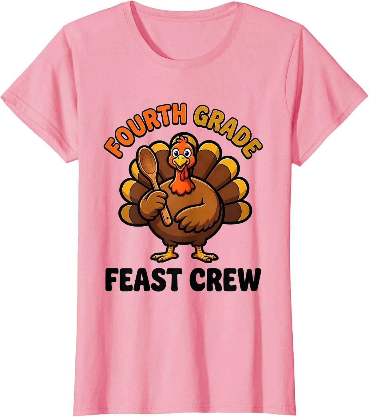 Women's Fourth Grade Feast Crew Cartoon Teacher Thanksgiving Crew T-Shirt - Pink