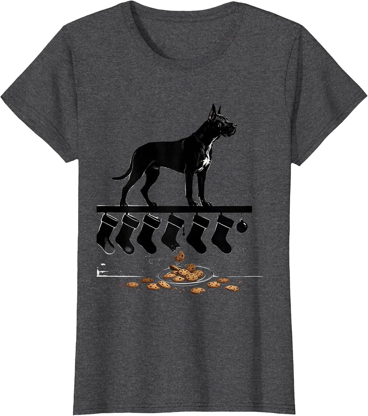 Women's Great Dane Christmas Stockings Guarding Dog Lover Holiday T-Shirt - Dark Heather Grey