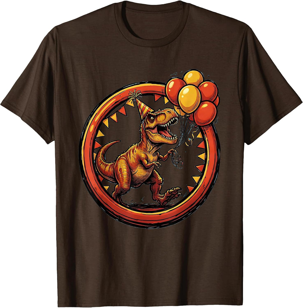 Men's T-Rex Chasing Birthday Balloons Funny Dinosaur T-Shirt - Brown