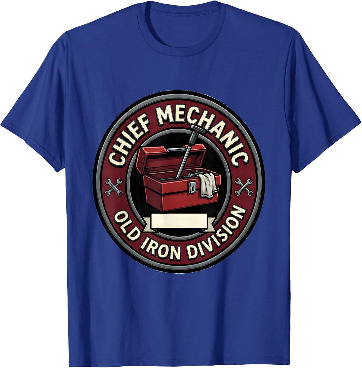 Men's Chief Mechanic Old Iron Division Cartoon Classic Car T-Shirt - Royal Blue