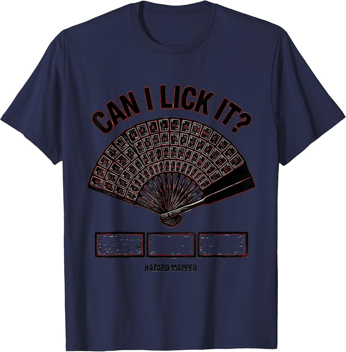 Men's Can I Lick It Hazard Mapped Funny Periodic Table Science T-Shirt - Navy Blue