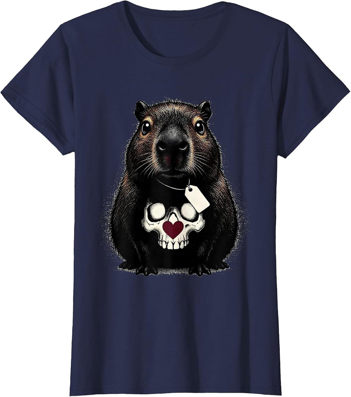 Women's Chibi Capybara Blackwork Dotwork Pastel Goth Kawaii T-Shirt - Navy Blue