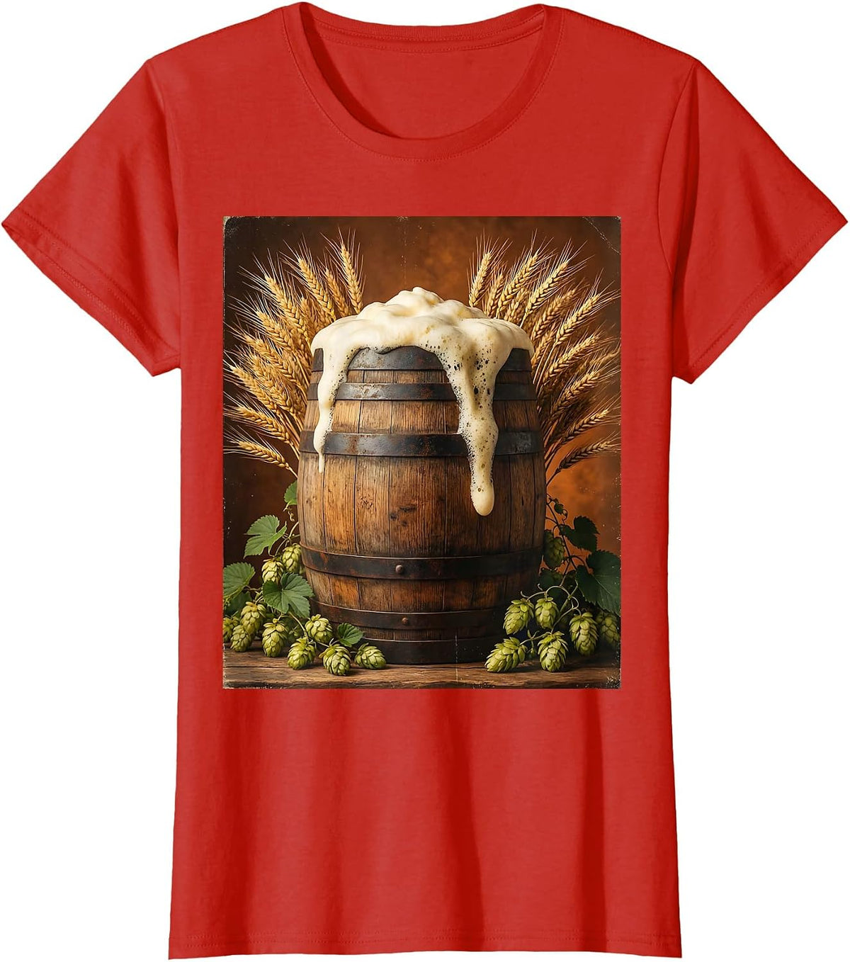 Women's Oktoberfest Beer Barrel Wheat Illustration T-Shirt - Red