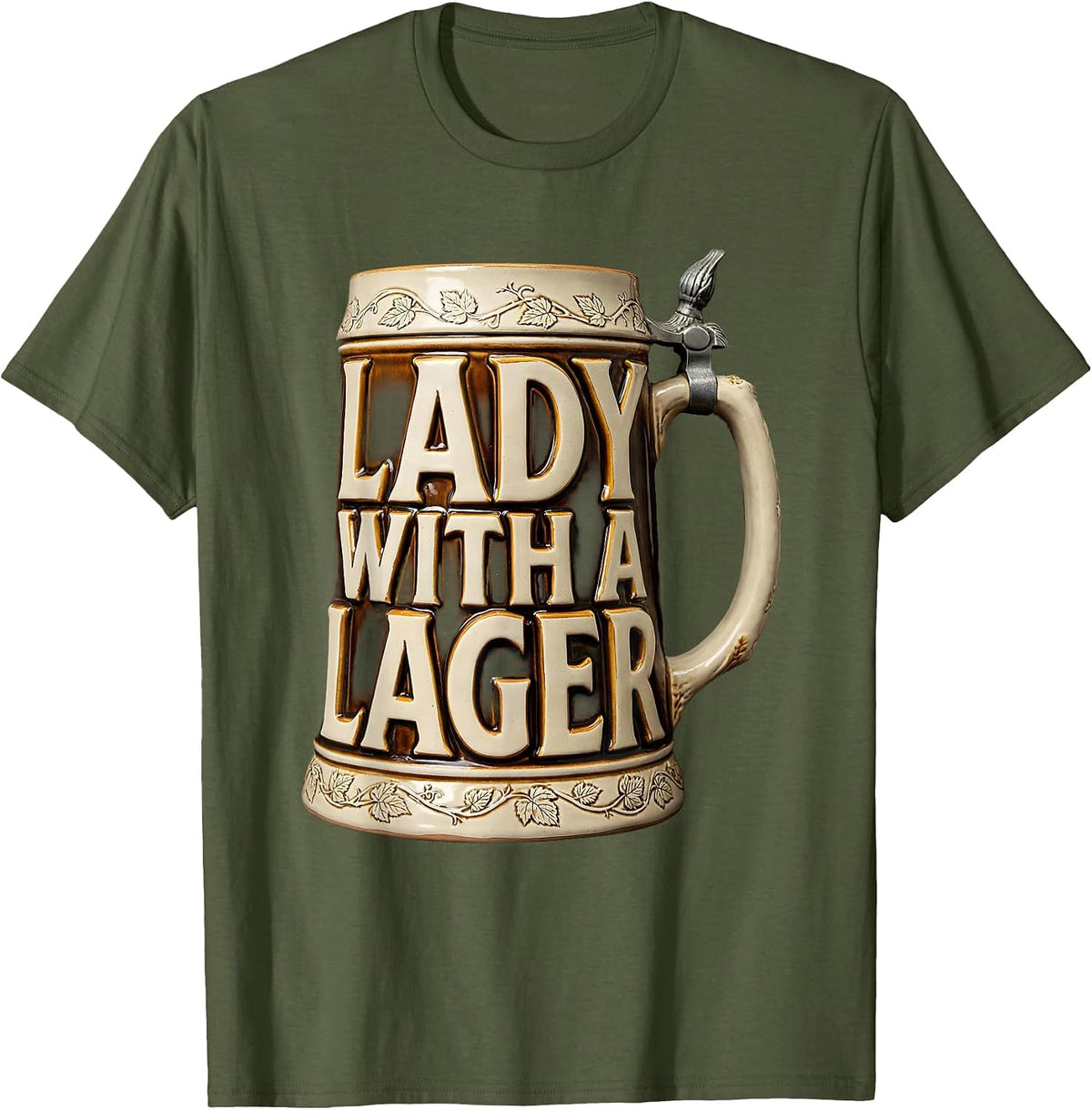 Men's Lady With a Lager Beer Lover Design T-Shirt - Olive Green