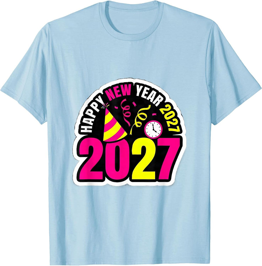 Men's Happy New Year 2027 Whimsical Festive Party Countdown T-Shirt - Baby Blue