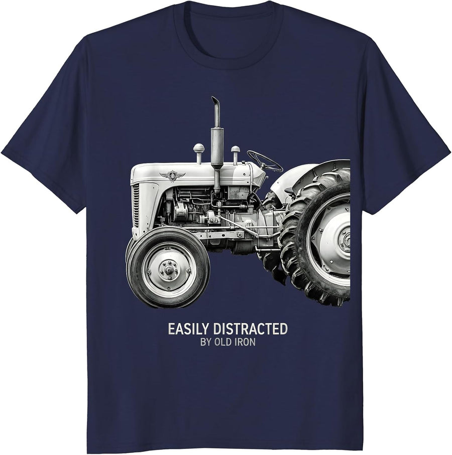 Easily Distracted By Old Iron Classic Tractor Design T-Shirt - Navy Blue