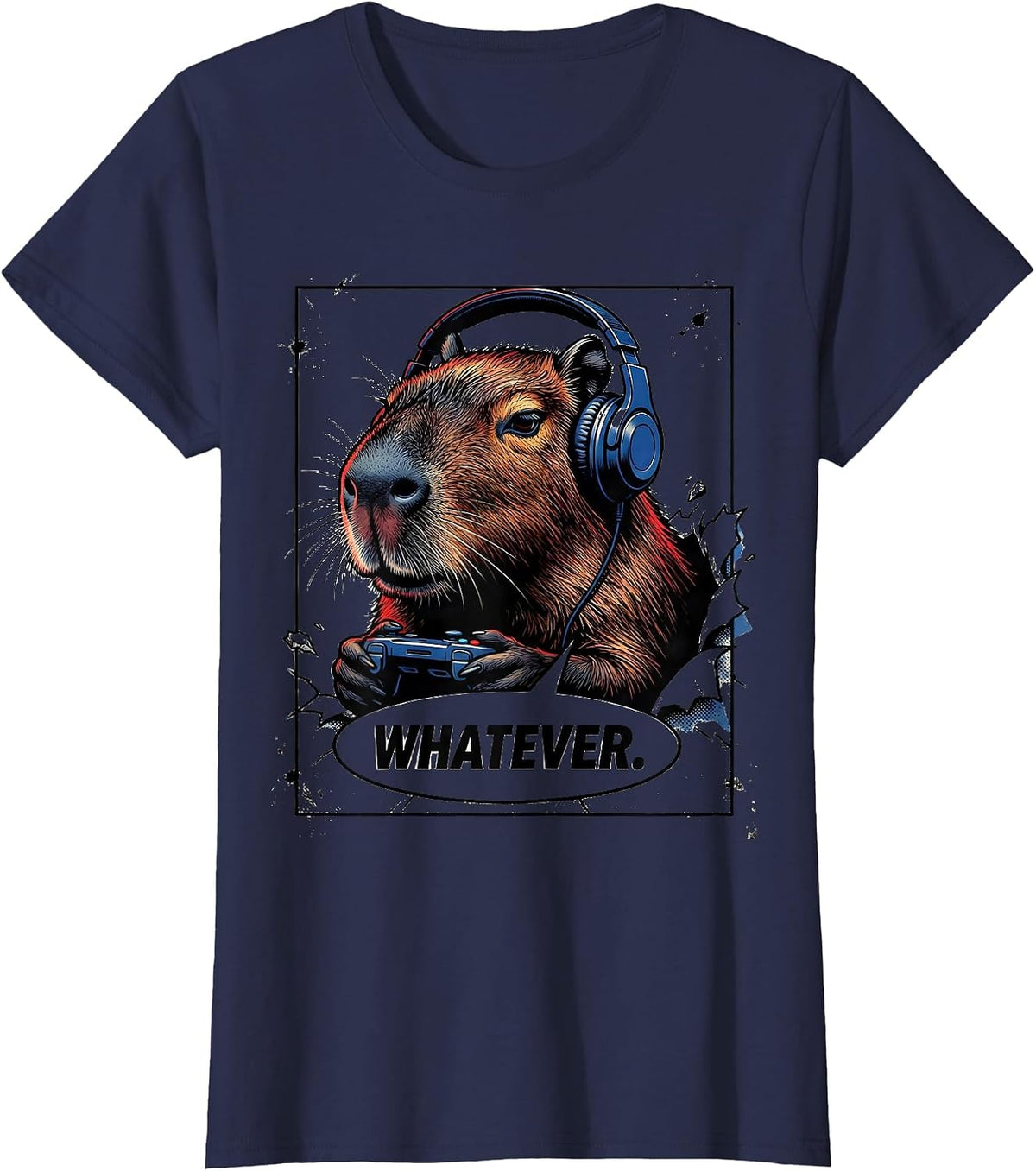 Women's WHATEVER Comic Book Capybara Gamer Meme Humor T-Shirt - Navy Blue