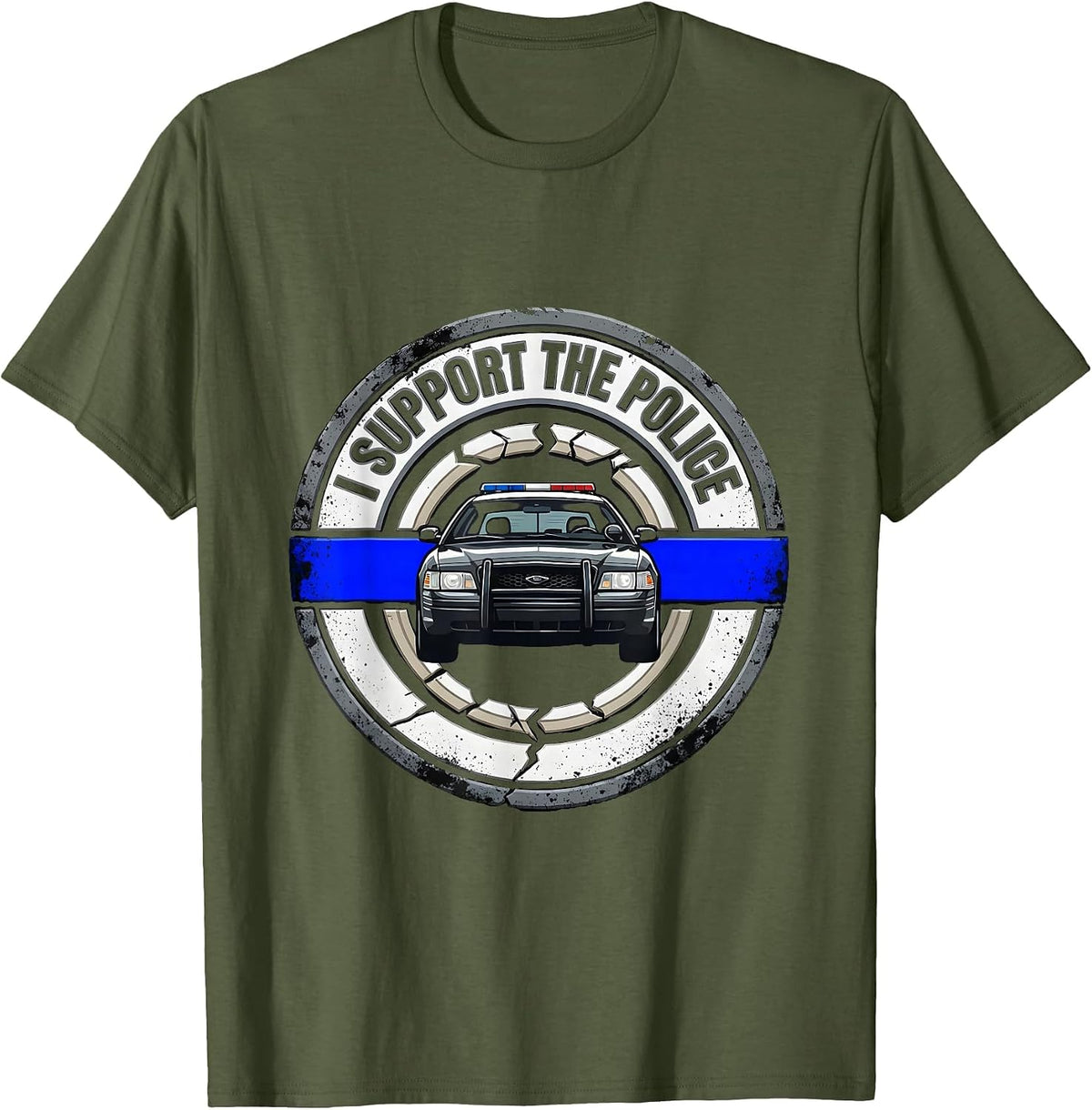 Men's I Support The Police Distressed Thin Blue Line Law T-Shirt - Olive Green
