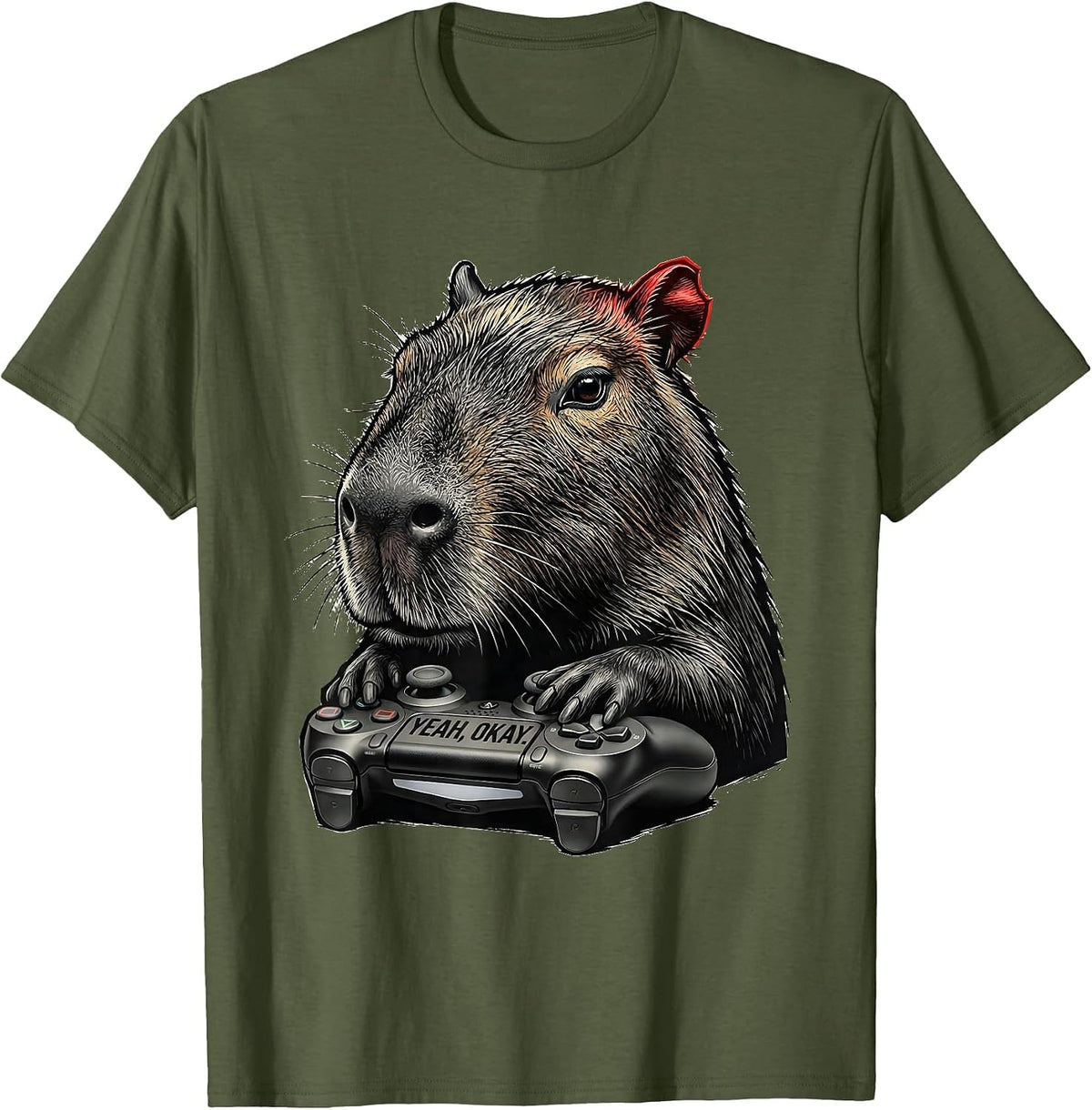 Men's Yeah, Okay Funny Capybara Gamer Meme Humor T-Shirt - Olive Green