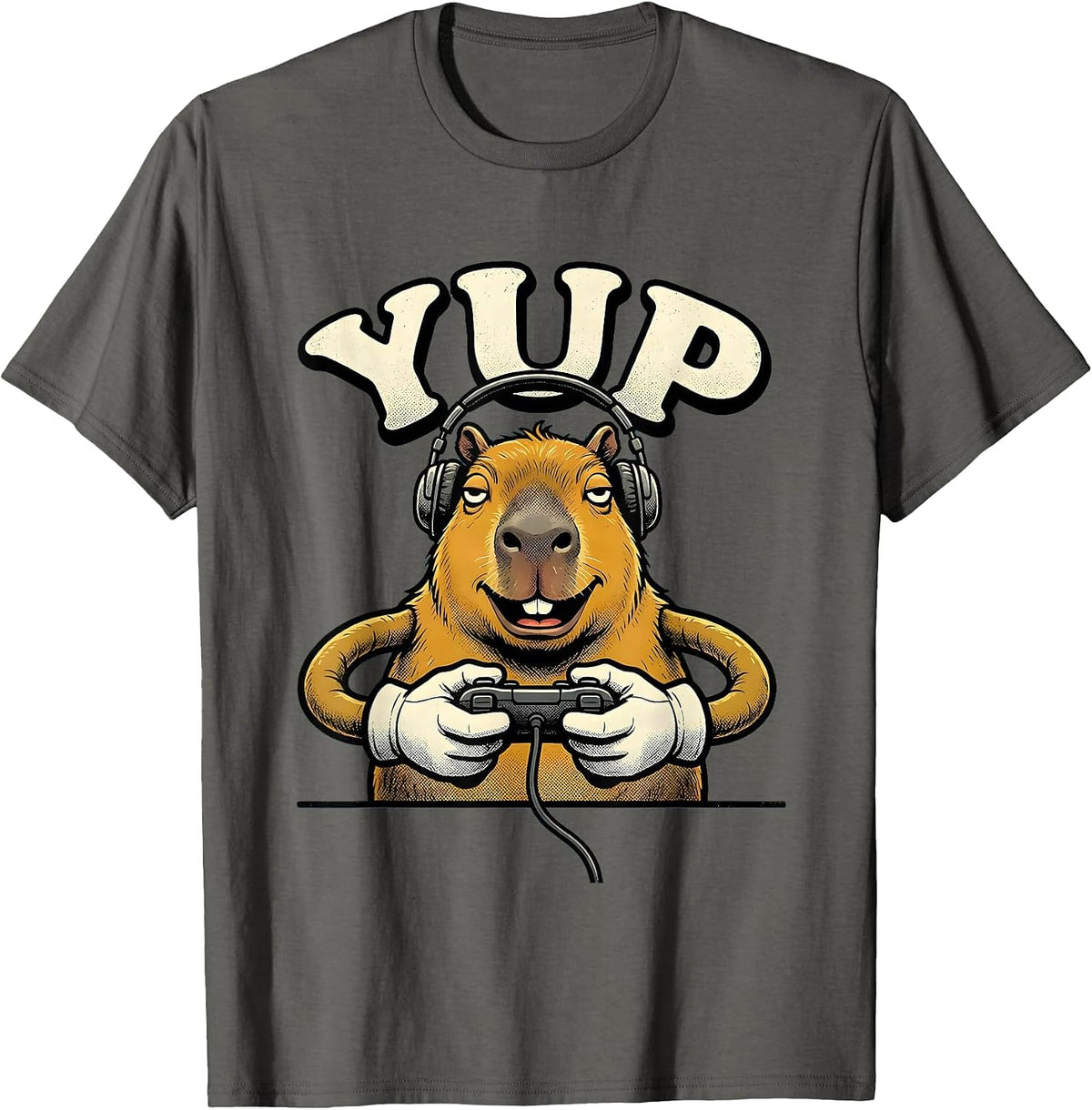 Men's Yup Retro Cartoon Capybara Gamer Meme Humor T-Shirt - Asphalt Grey