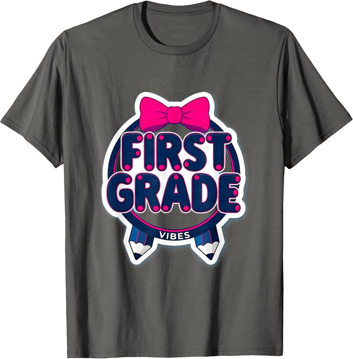 First Grade Vibes Cute Coquette Bow Back to School T-Shirt - Asphalt Grey