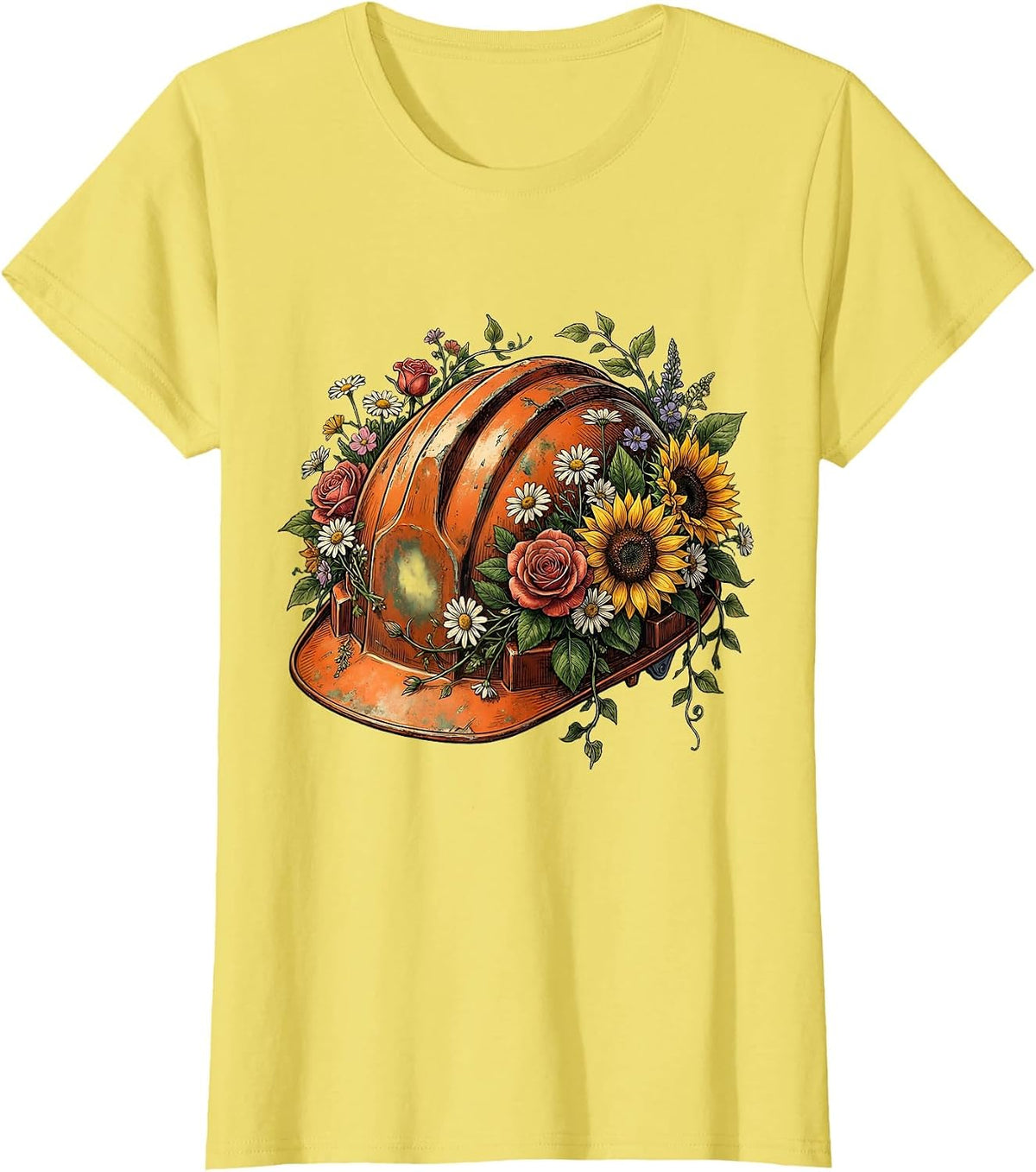 Floral Hard Hat Labor Day Illustration T-Shirt - Lemon Yellow