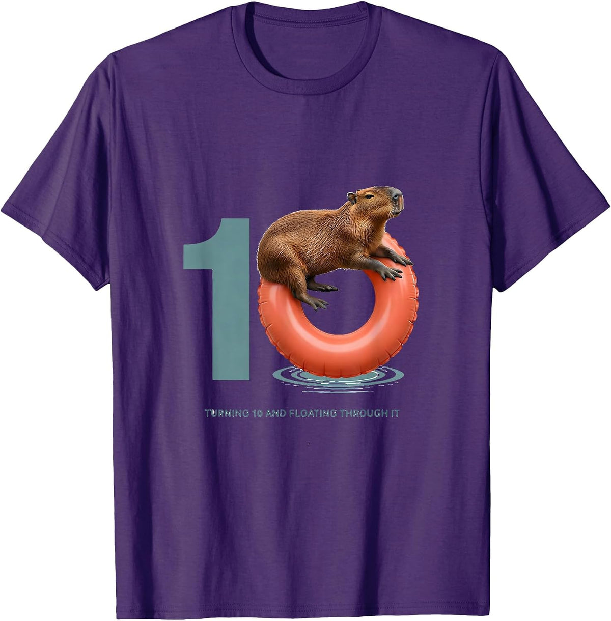 Turning 10 and Floating Through It Funny Capybara Kids T-Shirt - Purple