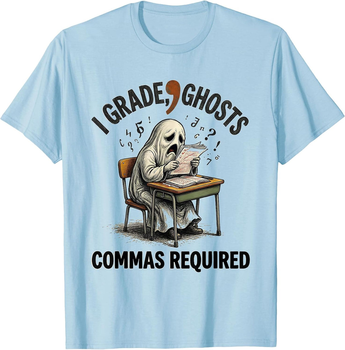 Men's I Grade Ghosts Commas Required Funny Grammar Teacher Humor T-Shirt - Baby Blue