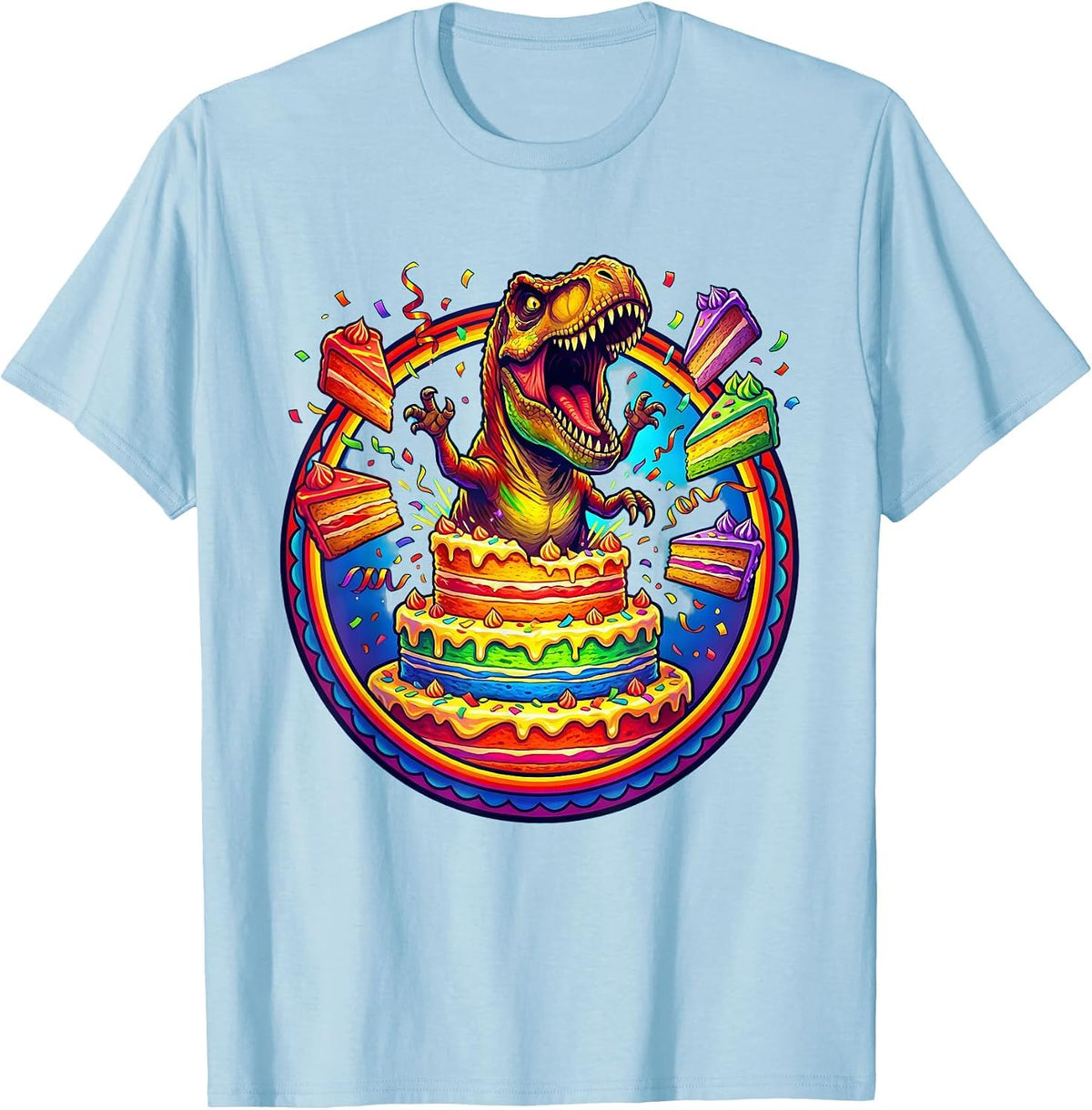 Men's Dinosaur Bursting Through Birthday Cake Graphic T-Shirt - Baby Blue