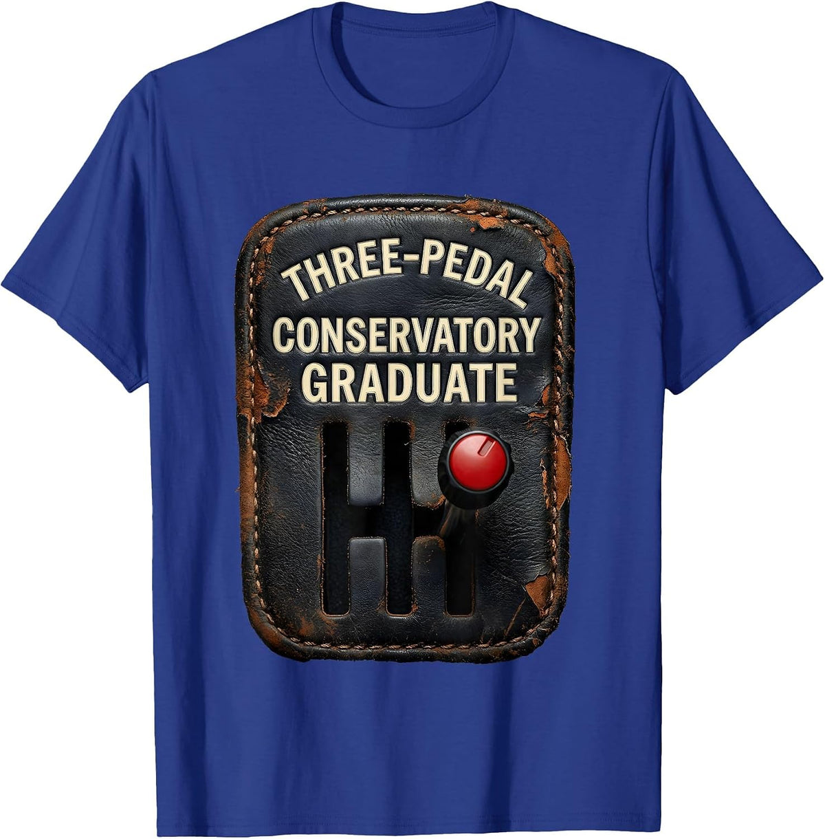 Three-Pedal Conservatory Graduate Distressed Stick Shift Car T-Shirt - Royal Blue