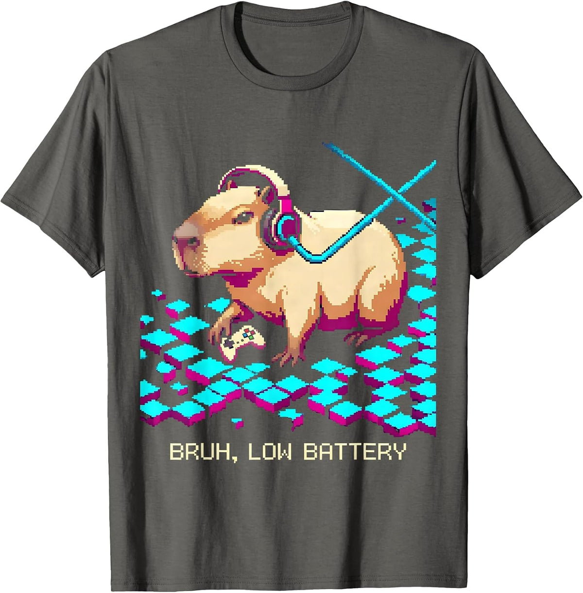 Bruh Low Battery Pixel Art Capybara Gamer Meme Humor T-Shirt - Asphalt Grey