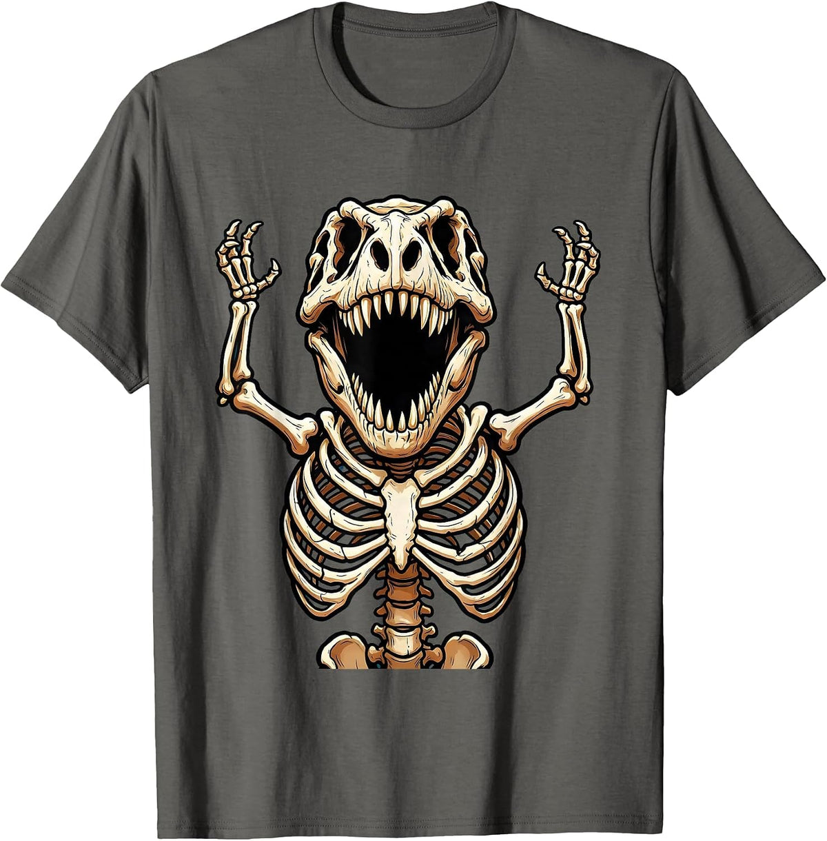 T-Rex Skeleton Mid-Roar Dinosaur Graphic T-Shirt - Asphalt Grey