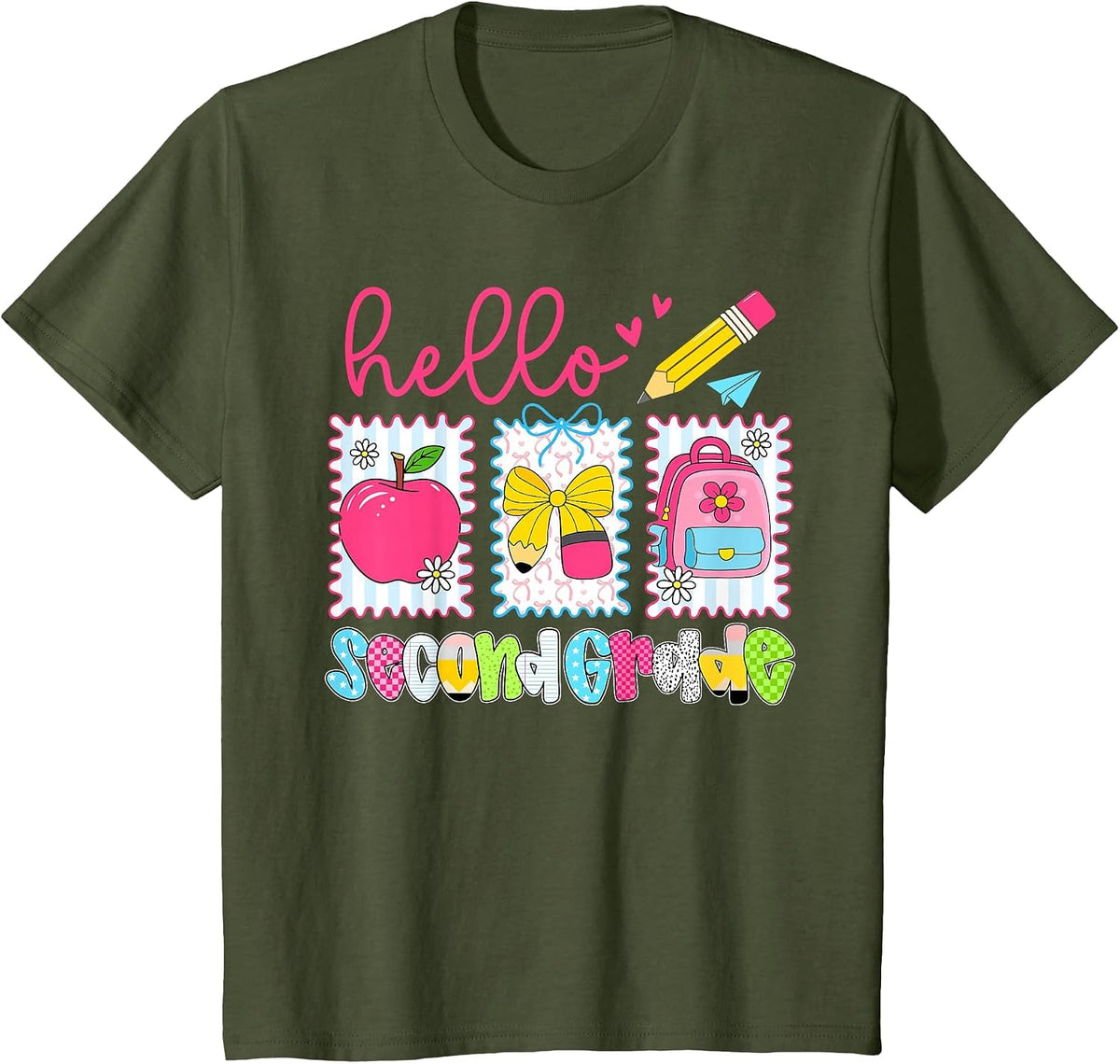 Preppy Hello Second Grade Team Back to School Teachers Kids T-Shirt, Youth, Olive Green, X-Small - As Pictured